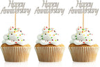 48 Pcs Silver Happy Anniversary Cupcake Toppers Picks for Anniversary Party Cake Decorations