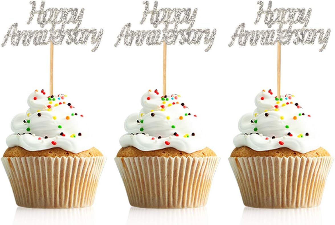 48 Pcs Silver Happy Anniversary Cupcake Toppers Picks for Anniversary Party Cake Decorations