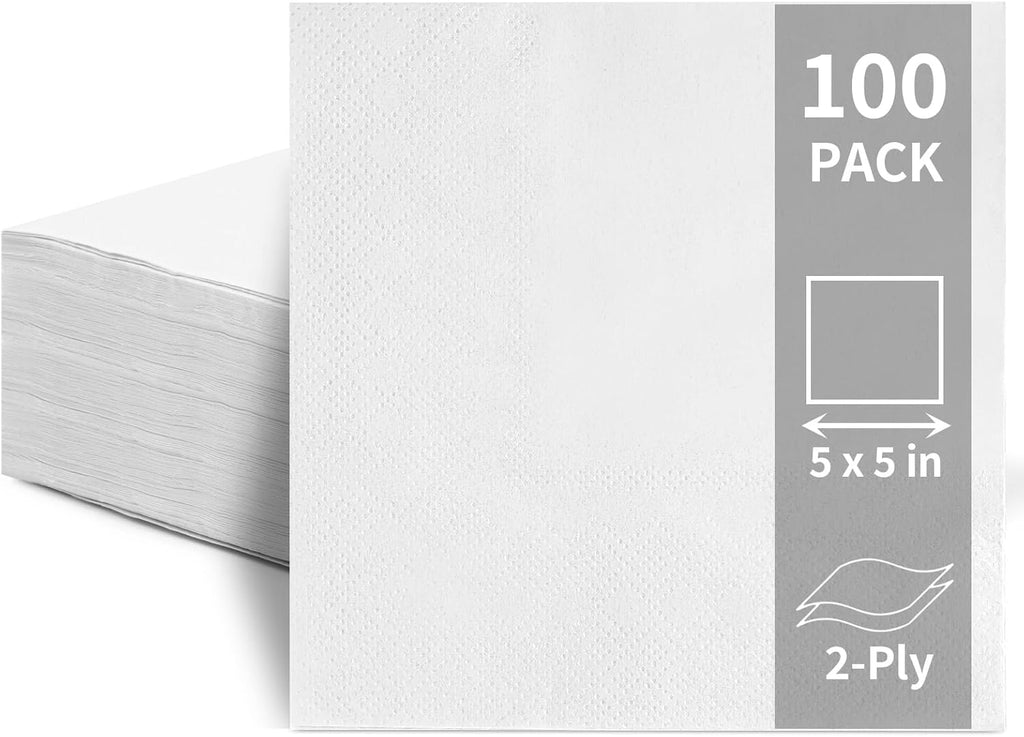 100 Pack Cocktail Napkins Disposable, 2-Ply 5" x 5" Party Napkins, Square Beverage Dinner Napkin for Wedding Birthday Party Anniversary Reception Bar Event (White)