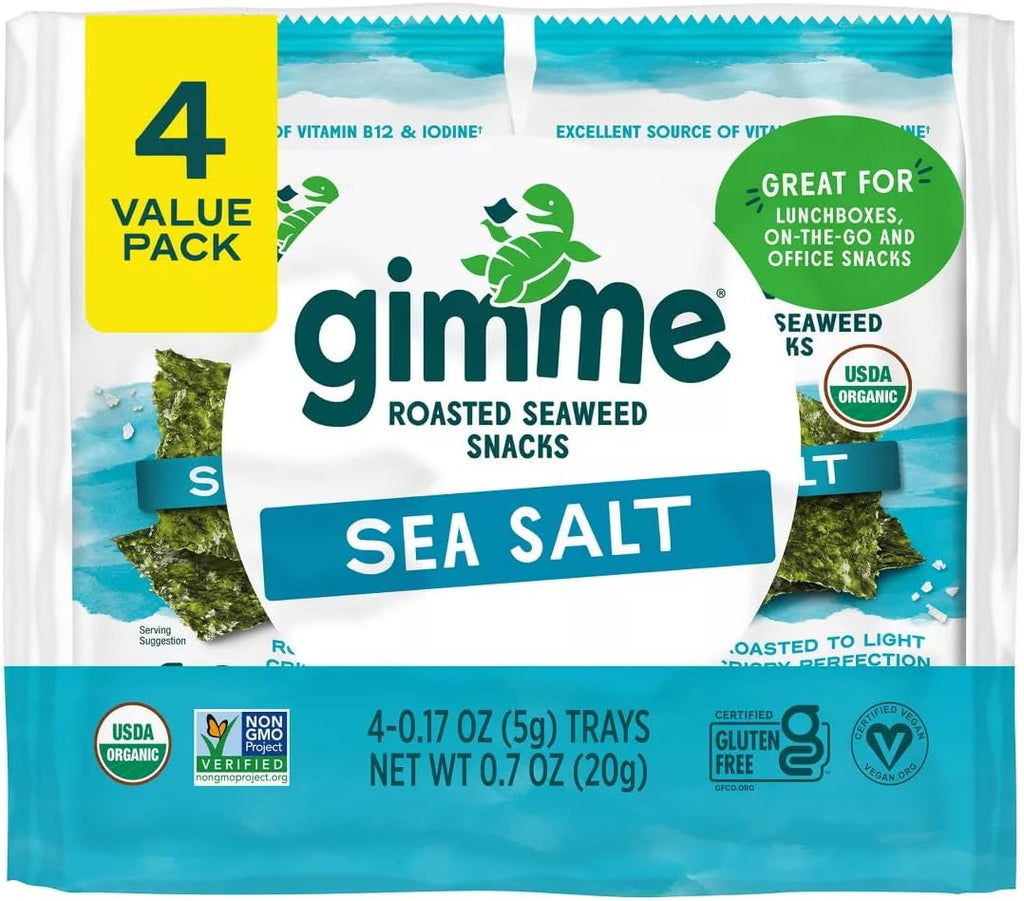 Gimme Seaweed - Sea Salt - Organic Roasted Seaweed Sheets - Keto, Vegan, Gluten Free - Great Source of Iodine & Omega 3’s - Healthy On-The-Go Snack for Kids Adults 4 Count