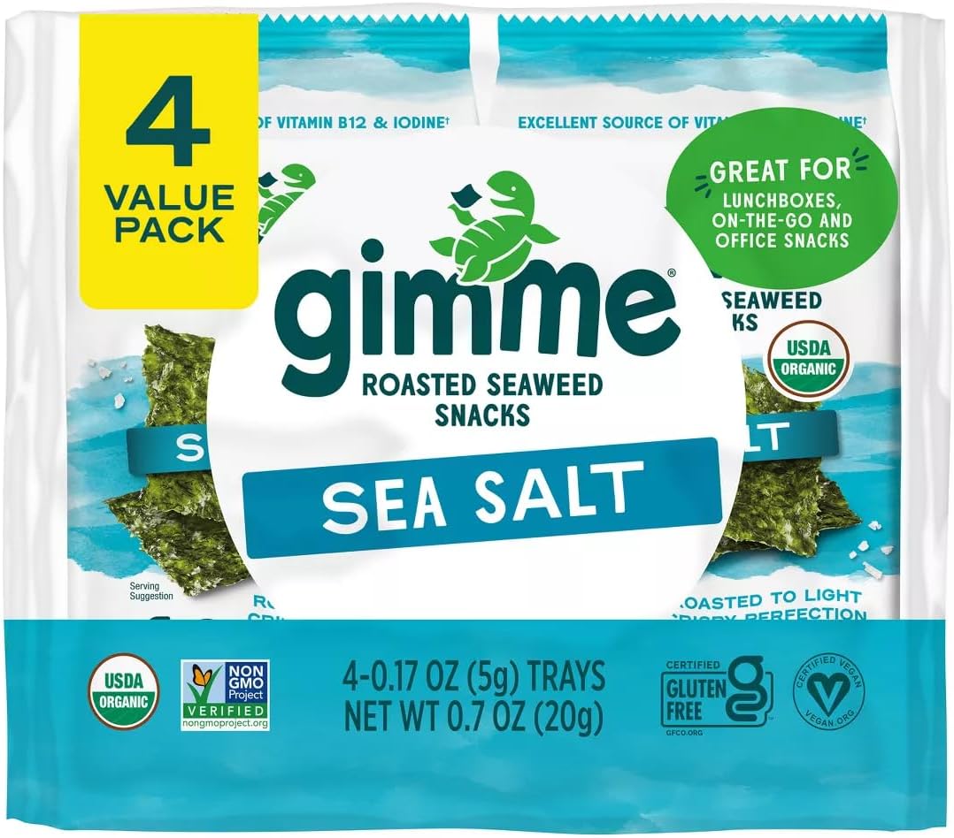 Gimme Seaweed - Sea Salt - Organic Roasted Seaweed Sheets - Keto, Vegan, Gluten Free - Great Source of Iodine & Omega 3’s - Healthy On-The-Go Snack for Kids Adults 4 Count