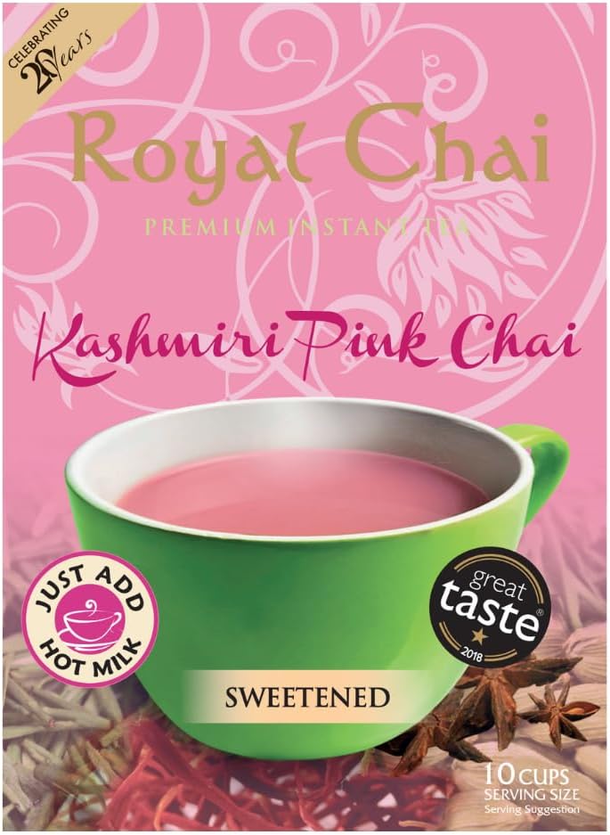 Royal Chai | Kashmiri Pink Chai Sweetened | 10 Count Single Box | All Natural, No Preservatives | Premium Instant Tea | Made in the UK