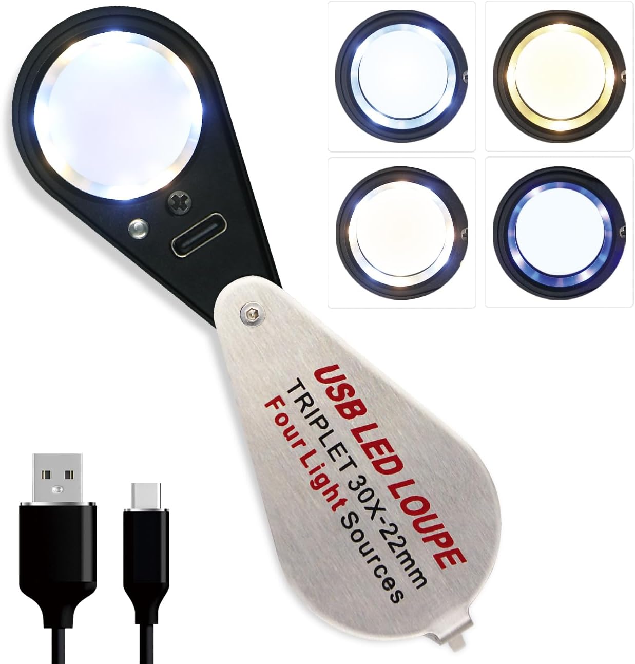 30X Jewelers Loupe Magnifier with UV and LED Lights, Four Types of Light, USB Rechargeable Illuminated Eye Loop Foldable Jewelry Magnifying Glass for Gems, Currency, Diamond, Coins,Watches,Stamps