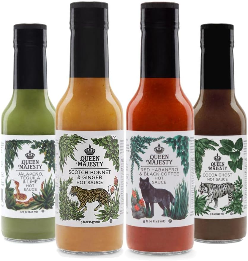 Queen Majesty Hot Sauce Variety Pack - Featured on Hot Ones - Scotch Bonnet & Ginger, Red Habanero & Black Coffee, Jalapeño Tequila & Lime, and Cocoa Ghost