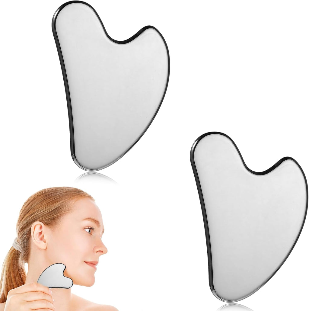 2 Pcs Stainless Steel Gua Sha Face Tools Metal Silver Guasha for Self Care Manual Massage Tool for Face and Body Treatment Back Muscles Pain Relief Puffiness Reducing Gift for Men Women