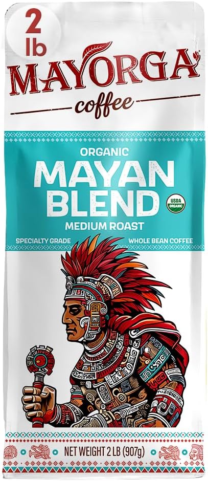 Mayorga Organic Coffee 2lb Mayan Blend - Medium Roast Whole Bean Coffee Specialty Grade, 100% Arabica, Slow Roasted, Chocolate and Floral Flavor with Low Acidity - USDA Organic, Non-GMO, Kosher