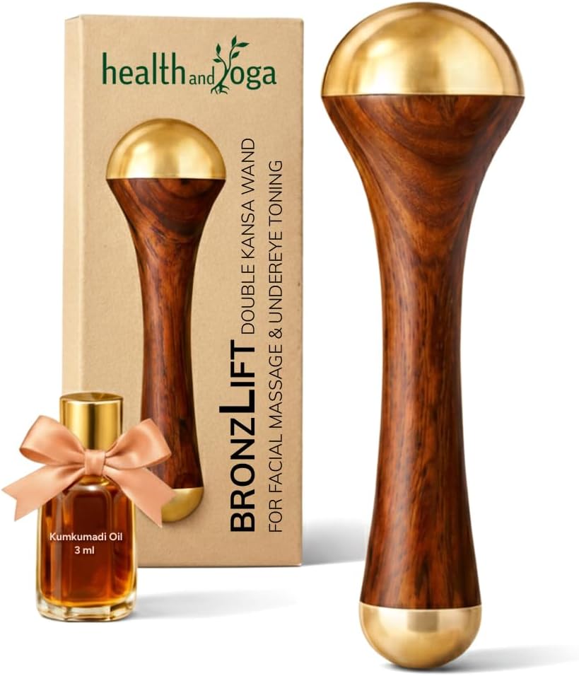 HealthAndYoga™ BronzLift Kansa Wand - Both Side Bronze Cap - Added Beauty Face Oil Vial - Ayurveda Face Yoga Beauty Tool - Facial, Neck & Under-Eye Massage – Toning and Sculpting (Double Dome)