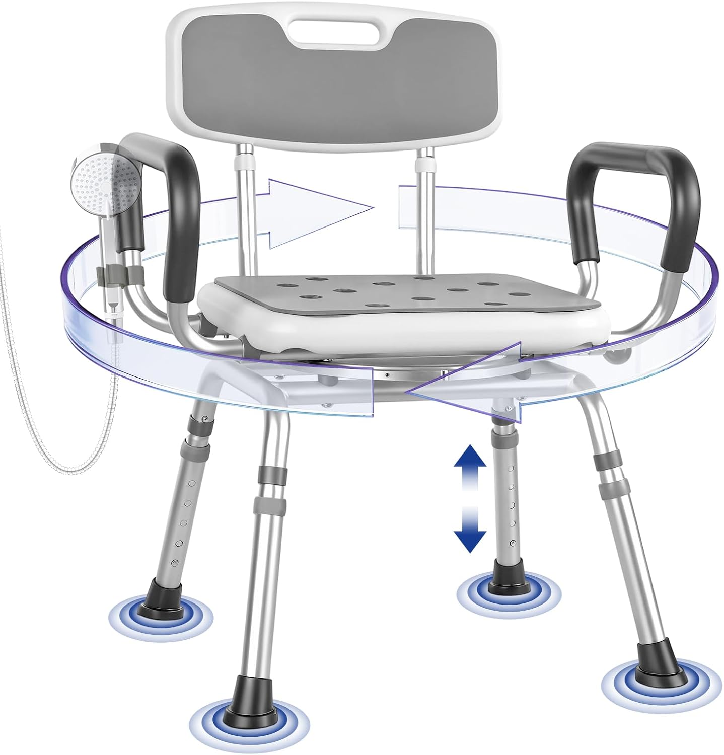 Deluxe Swivel Shower Chair with Arms & Back by CZMY, 360° Locking Seat, 5-Level Height Adjustable, Padded Heavy-Duty Bath Chair, 300 lbs, for Seniors, Elderly, Handicap & Disabled