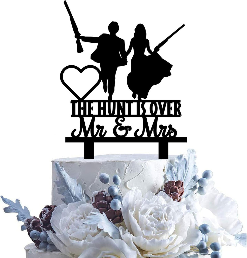 The Hunt Is Over Wedding Cake Topper: Groom & Bride With Rifle - Mr. & Mrs. Wedding Cake Topper