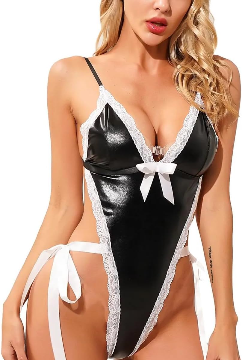 Women Wet Look Lingerie Corset Set Lace Bodysuit Faux Leather Leotard Teddy One Piece High Cut Thong Club Latex Costume Halloween for Women Sexy Naughty Outfit Clothing