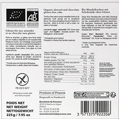 Biscuiterie De Provence, Organic Chocolate Almond Cake (Gluten-Free, Flourless), Ready to Eat, Made in France, 225 Grams (7.94 Ounces)
