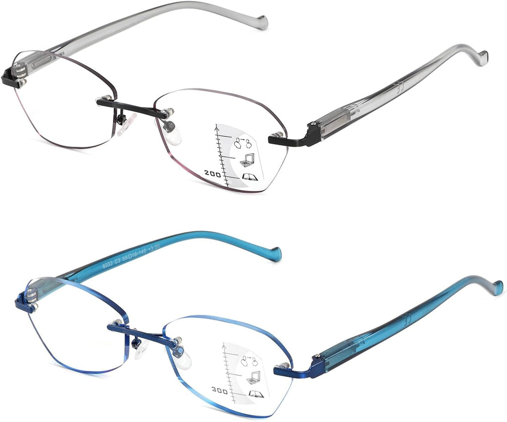 Multifocus Reading Glasses Women Progressive Multifocal No Line Bifocal Rimless Reader Blue Light Computer Eyeglasses