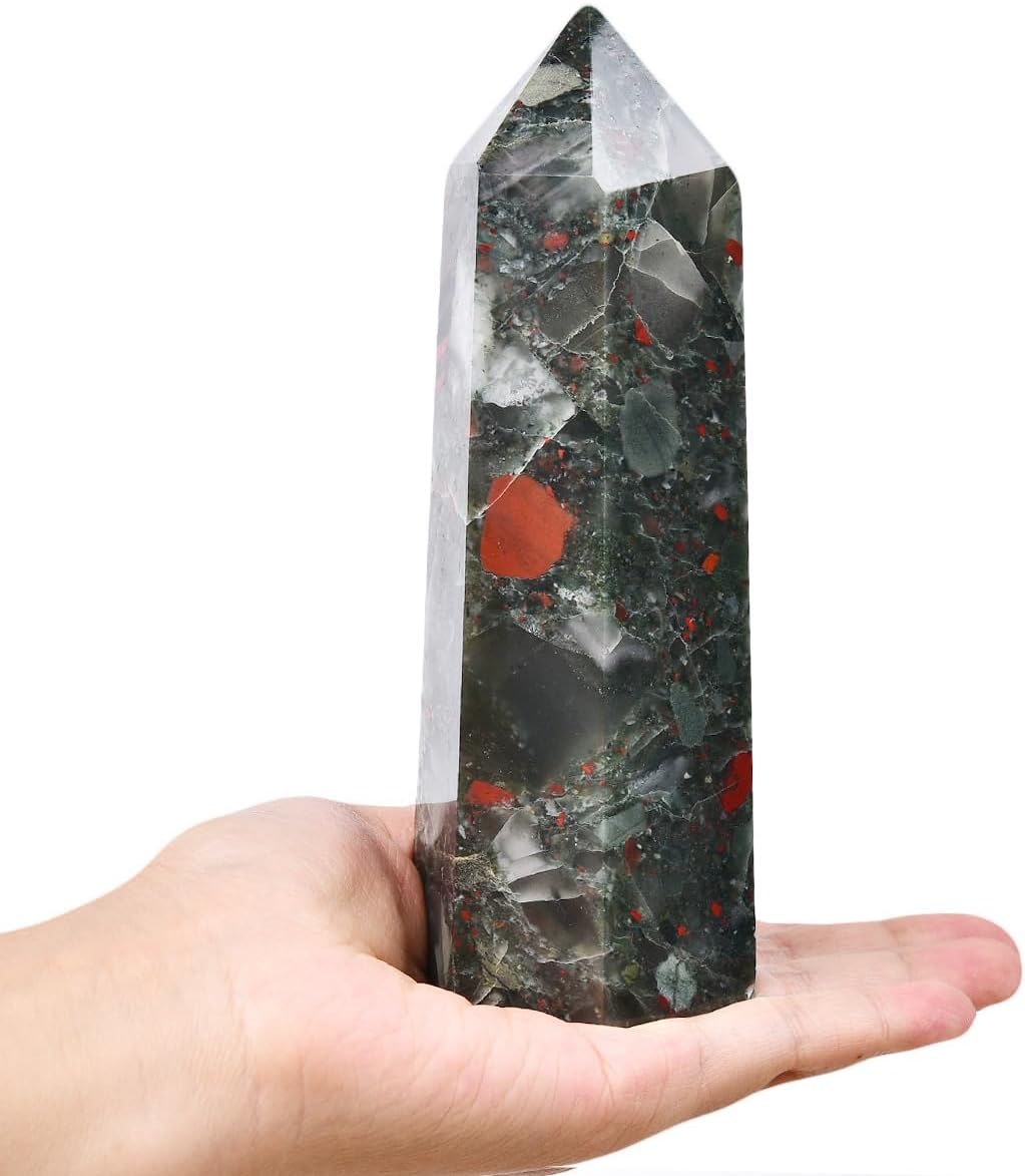 Africa Bloodstone Obelisk Tower Large Natural Healing Crystal Point Wand 6 Faceted Reiki Meditation Home Decor 1-1.5 LBS