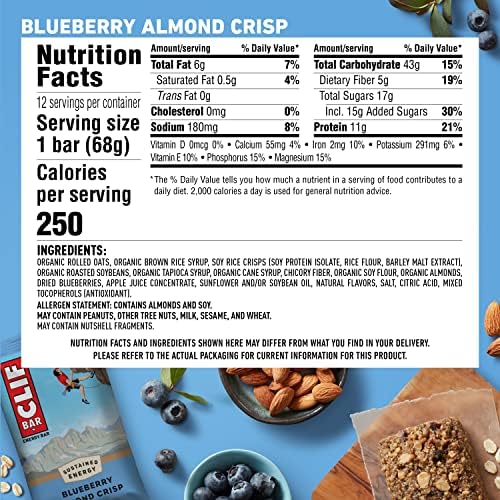 Clif Bars - Energy Bars - Blueberry Crisp - Made with Organic Oats - Plant Based Food - Vegetarian - Kosher (2.4 Ounce Protein Bars, 12 Count)