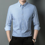 Men's Cotton Vertical Stripe Loose Fit Long Sleeve Shirt Wrinkle-Free Breathable Jacquard Button Down