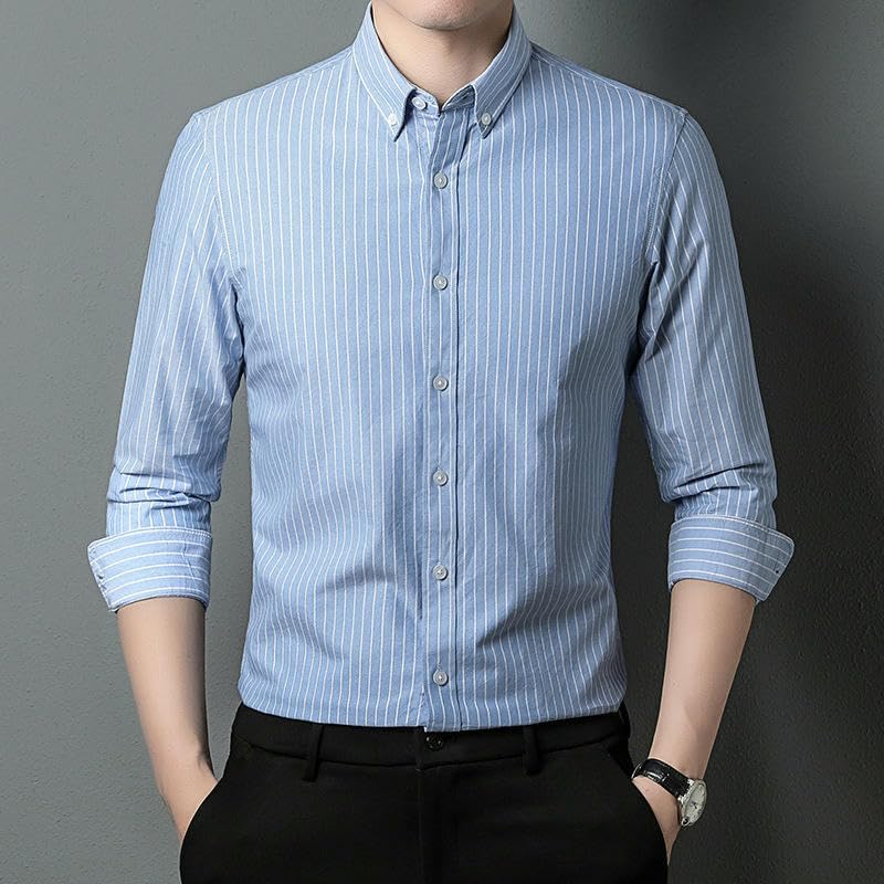Men's Cotton Vertical Stripe Loose Fit Long Sleeve Shirt Wrinkle-Free Breathable Jacquard Button Down