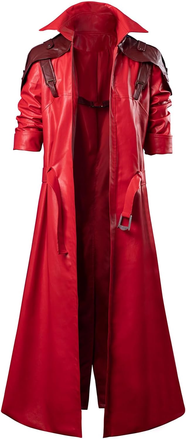 CosFantasy Game Cosplay Long Jacket Coat Costume Mens Pu Leather Coat Red Jackets for Halloween