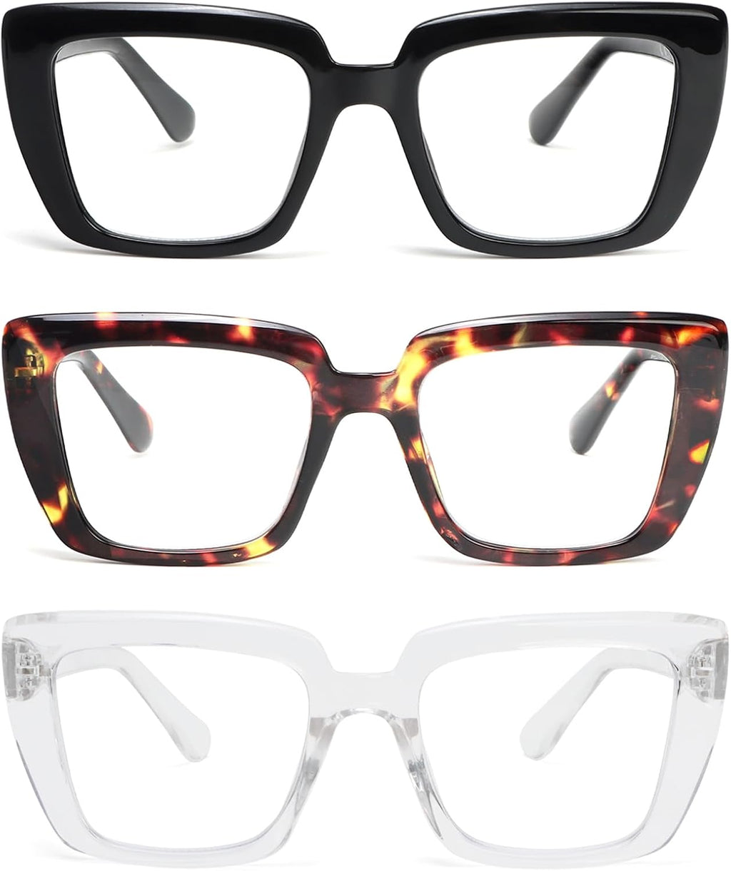 REAVEE 3 Pack stylish Reading Glasses for Women, Blue Light Blocking Readers Oversized Frame with Spring Hinge Clear Lens