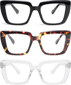 REAVEE 3 Pack stylish Reading Glasses for Women, Blue Light Blocking Readers Oversized Frame with Spring Hinge Clear Lens