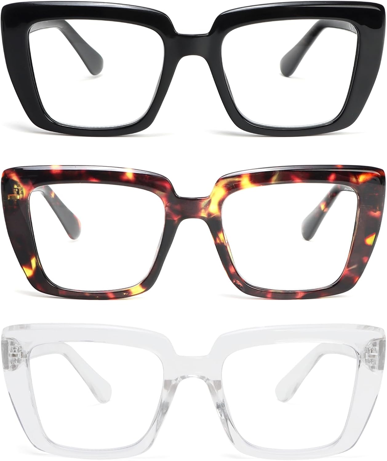 REAVEE 3 Pack stylish Reading Glasses for Women, Blue Light Blocking Readers Oversized Frame with Spring Hinge Clear Lens
