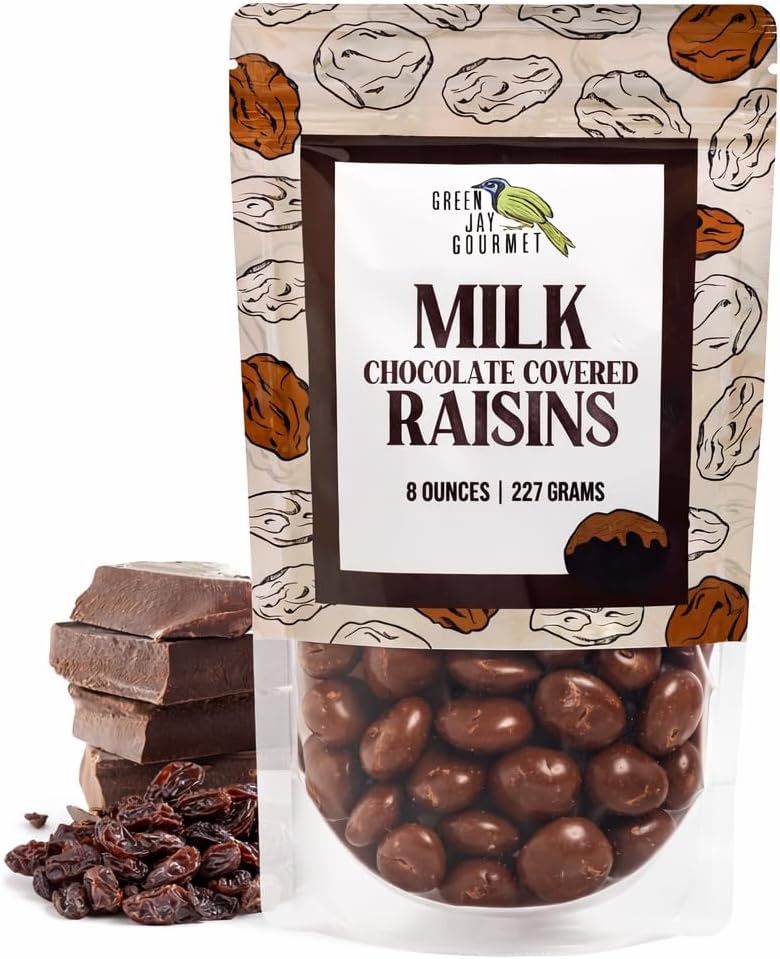 Green Jay Gourmet Milk Chocolate Raisins - Handmade & Fresh Chocolate Covered Raisins - Great Gift for Chocolate Lovers - 8 Ounce Resealable Bag