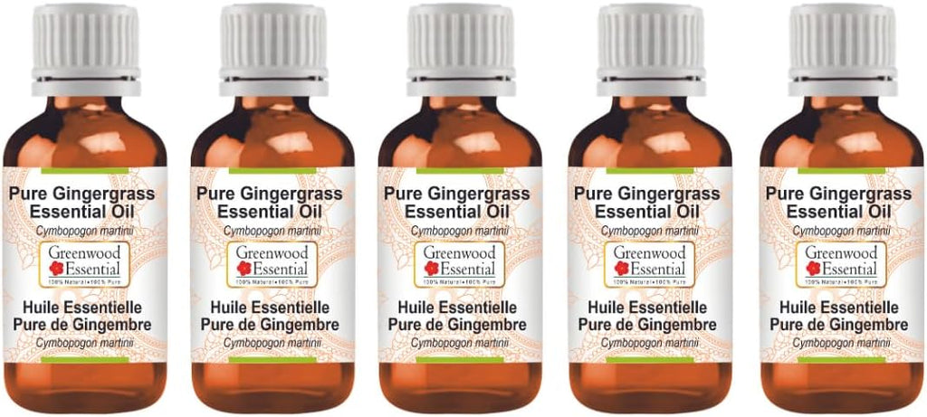 Greenwood Essential Pure Gingergrass Essential Oil (Cymbopogon martinii) Steam Distilled (Pack of Five) 100ml X 5(16.9 oz)