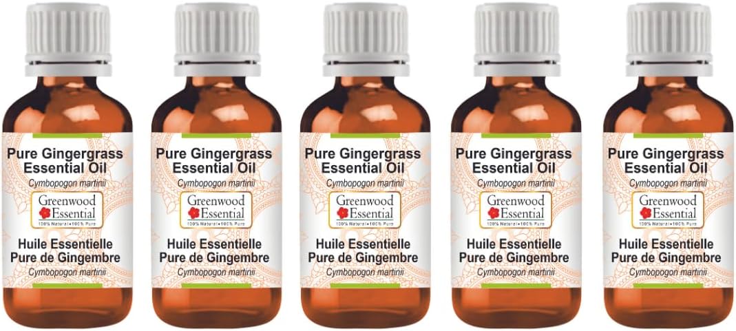 Greenwood Essential Pure Gingergrass Essential Oil (Cymbopogon martinii) Steam Distilled (Pack of Five) 100ml X 5(16.9 oz)