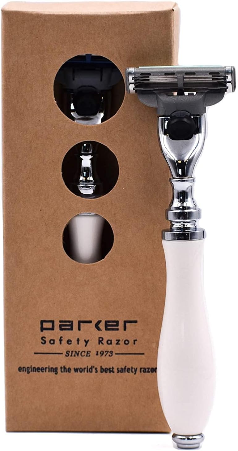 Parker – Deluxe Mach 3 Razor with Triple Blades for Close Shave – Premium White Resin Handle with Chrome Trim