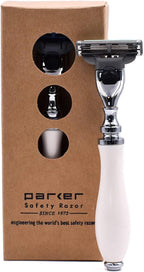 Parker – Deluxe Mach 3 Razor with Triple Blades for Close Shave – Premium White Resin Handle with Chrome Trim