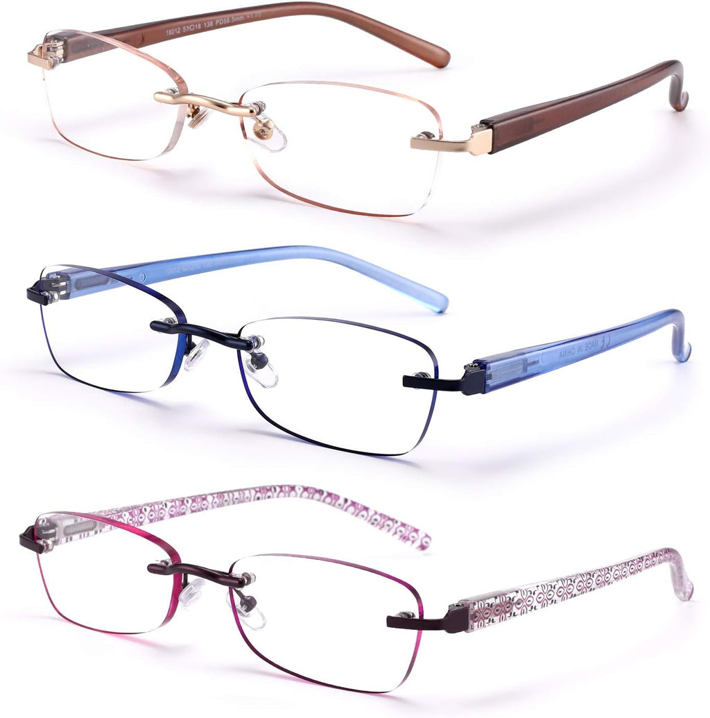 3-Pack Rimless Reading Glasses For Women, Lightweight Spring Hinge Readers, Classic Elegant Artistic Eyeglasses UV 400