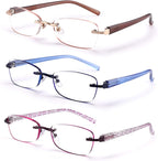 3-Pack Rimless Reading Glasses For Women, Lightweight Spring Hinge Readers, Classic Elegant Artistic Eyeglasses UV 400