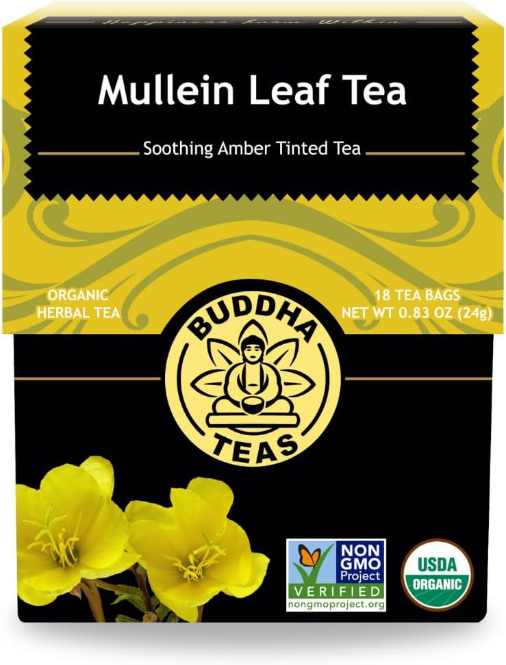 Buddha Teas - Mullein Leaf - Organic Herbal Tea - Single Ingredient - Warm Amber Hue - Mild, Earthy, Sweet Taste - Enjoy Hot or Cold - Caffeine Free - 100% Kosher & Non-GMO - 18 Tea Bags (Pack of 1)