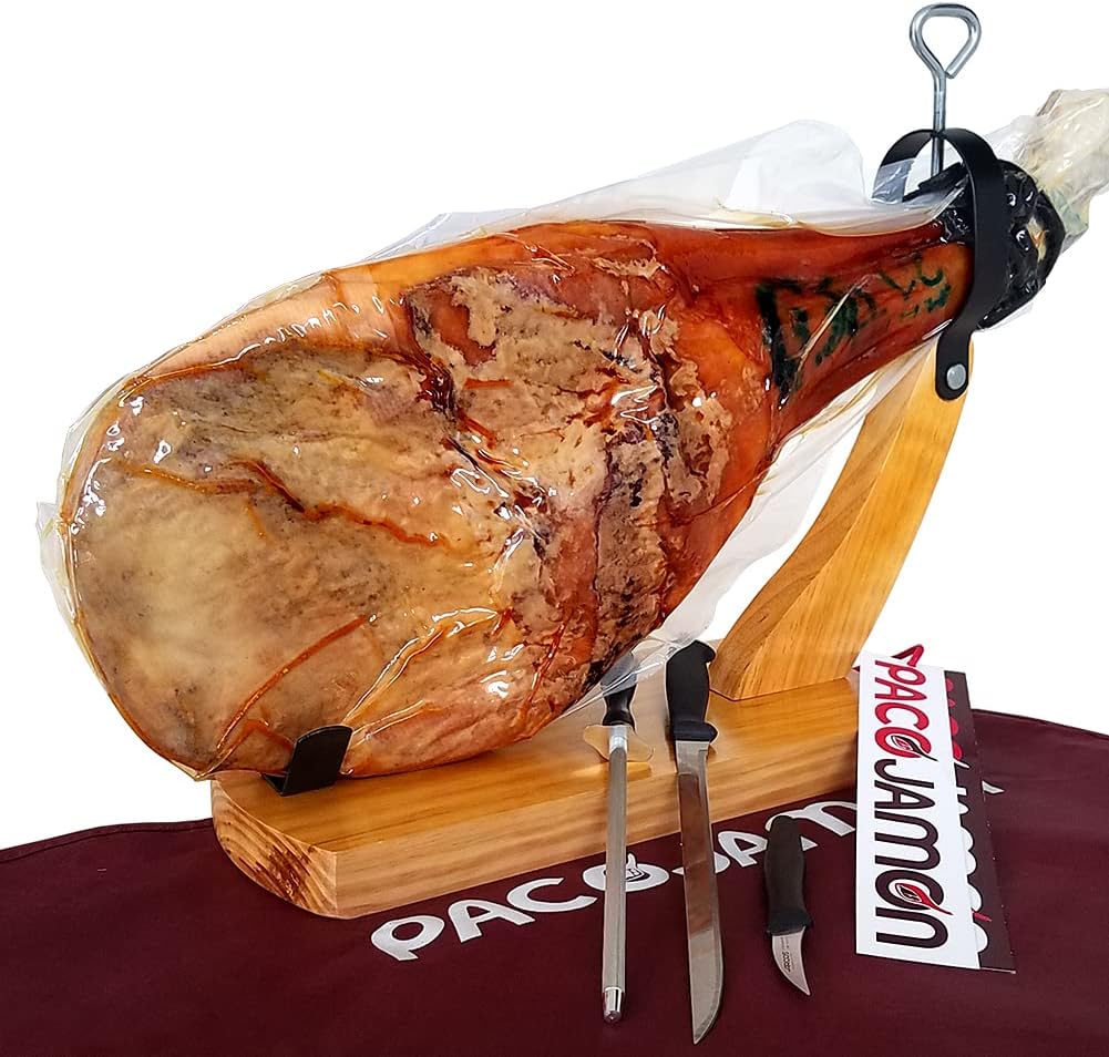 Paleta Ibérica de Bellota"Pata Negra" Paco Jamon, 10-12 libras, 3 Años de Curación + Jamonero Modelo Góndola + Cuchillo Jamonero Flexible + Chaira