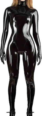LESOYA Women's Leather Full Body Suit Shiny Wetlook PVC Catsuit Zipper Crotch Bodysuit Attatched Gloves