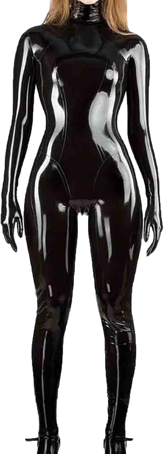 LESOYA Women's Leather Full Body Suit Shiny Wetlook PVC Catsuit Zipper Crotch Bodysuit Attatched Gloves