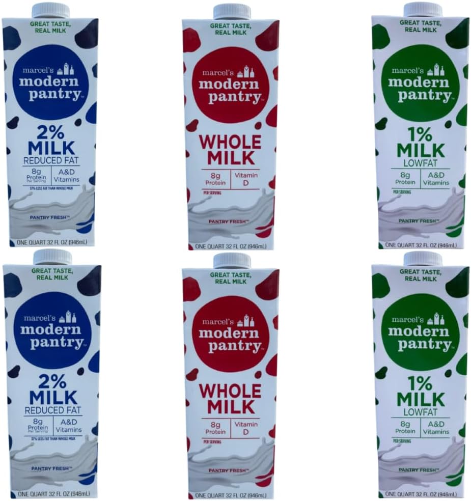 Convenient Shelf-Stable Milk 6-Pack – Includes 2%, 1%, and Whole Milk – 32oz Cartons for Travel, Cooking, and Everyday Use