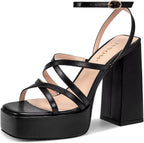 ISNOM Platform Chunky Heels for Women, Block Heel Sandals with Open Square Toe and Ankle Strap