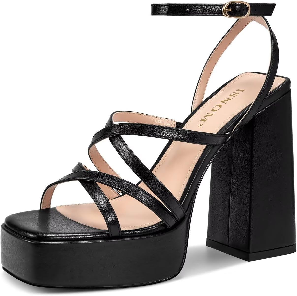 ISNOM Platform Chunky Heels for Women, Block Heel Sandals with Open Square Toe and Ankle Strap