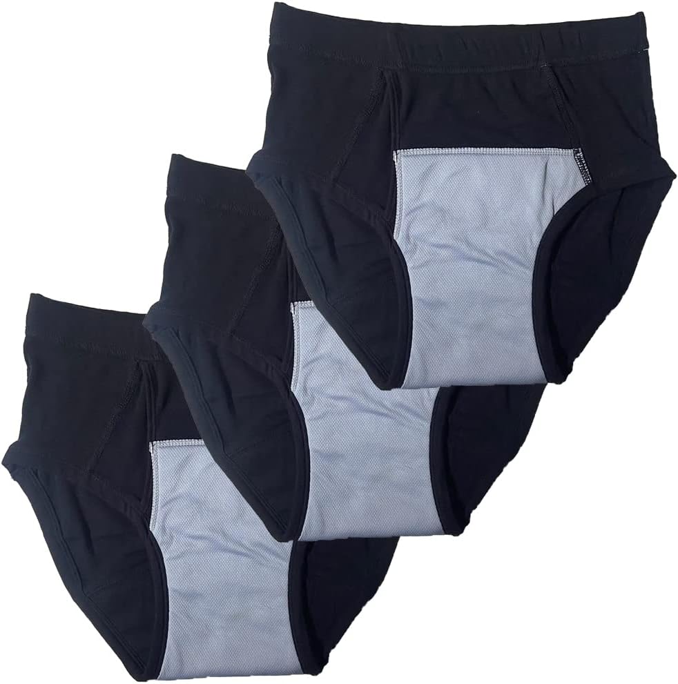 3-Pack Men’s Incontinence Underwear Cotton Regular Absorbency Reusable Washable Urinary Incontinence Briefs 150ml pad … (X-Large, Black)