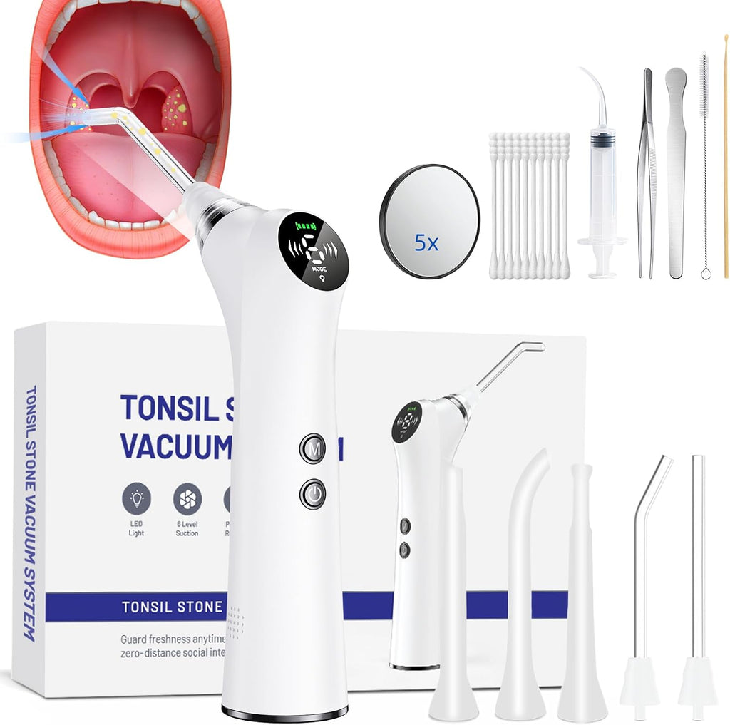 Electric Tonsil Stone Remover Vacuum – High-Precision & Painless Cleaning, Food-Grade Material, 6 Suction Levels | Tonsil Stone Removal Kit with LED Light, Oral Protection & 11 Attachments