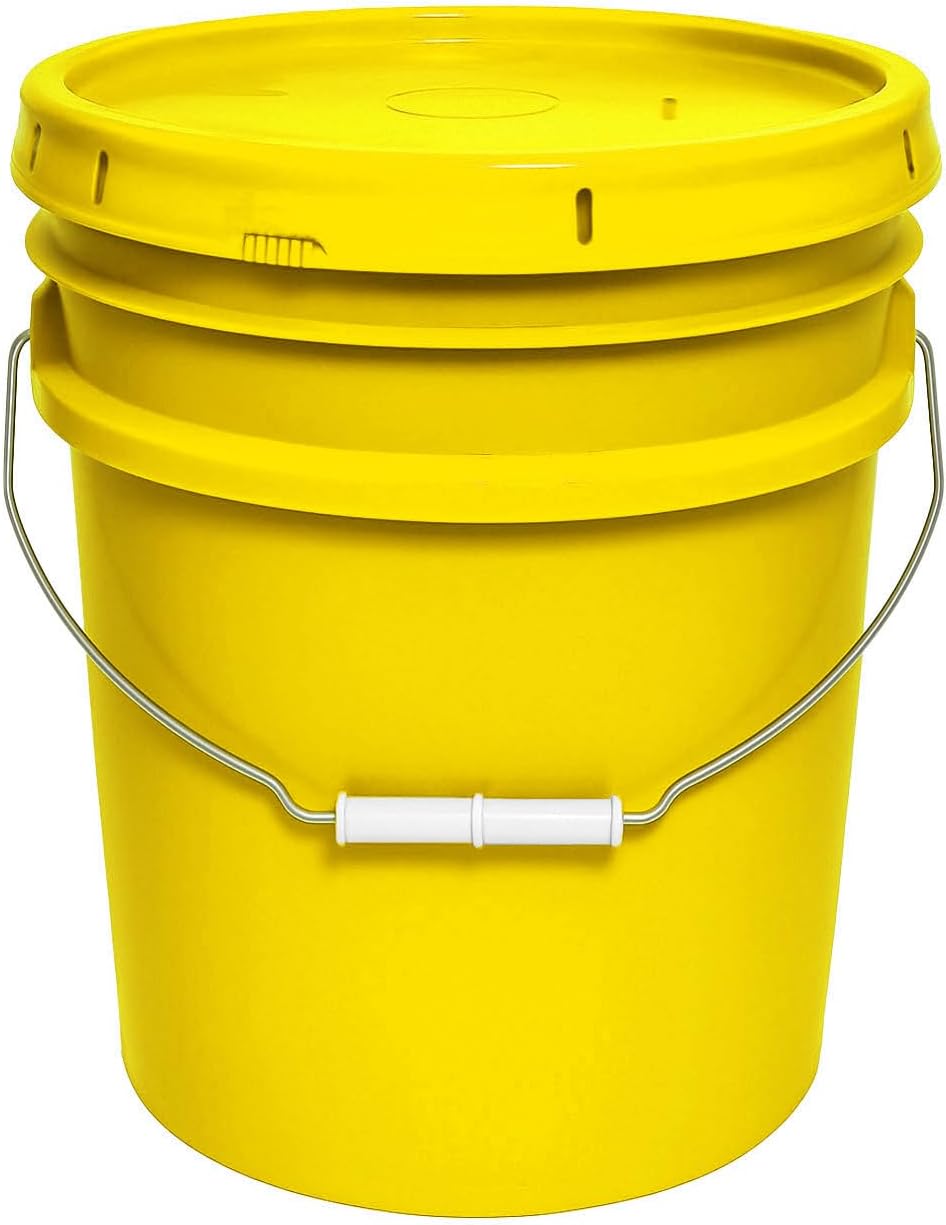 5-Gallon Bucket with Airtight Lid – Made in USA, Food Grade BPA Free Plastic, Heavy Duty Multi-Use, Metal Handle with Grip, Stackable Storage – Yellow, 1 Pack