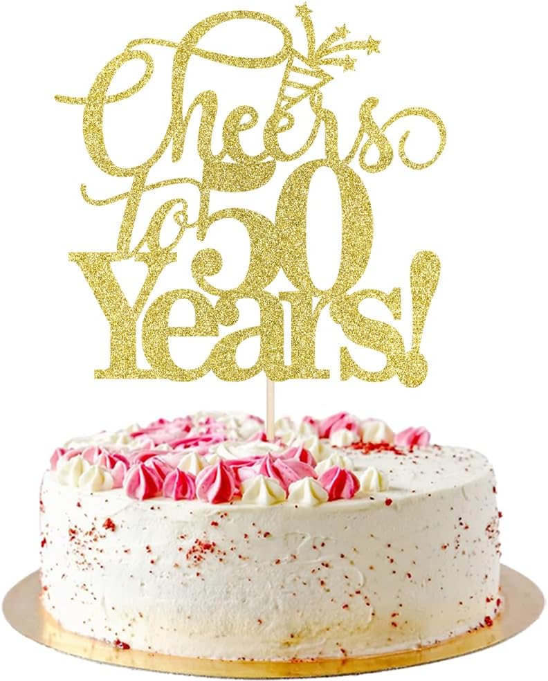 Gold Glitter Cheers to 50 years Cake topper, Happy 50th Birthday Cake Decorations,Perfect for 50 Years Cake Decorating,Wedding/Anniversary Party Decorating supplies