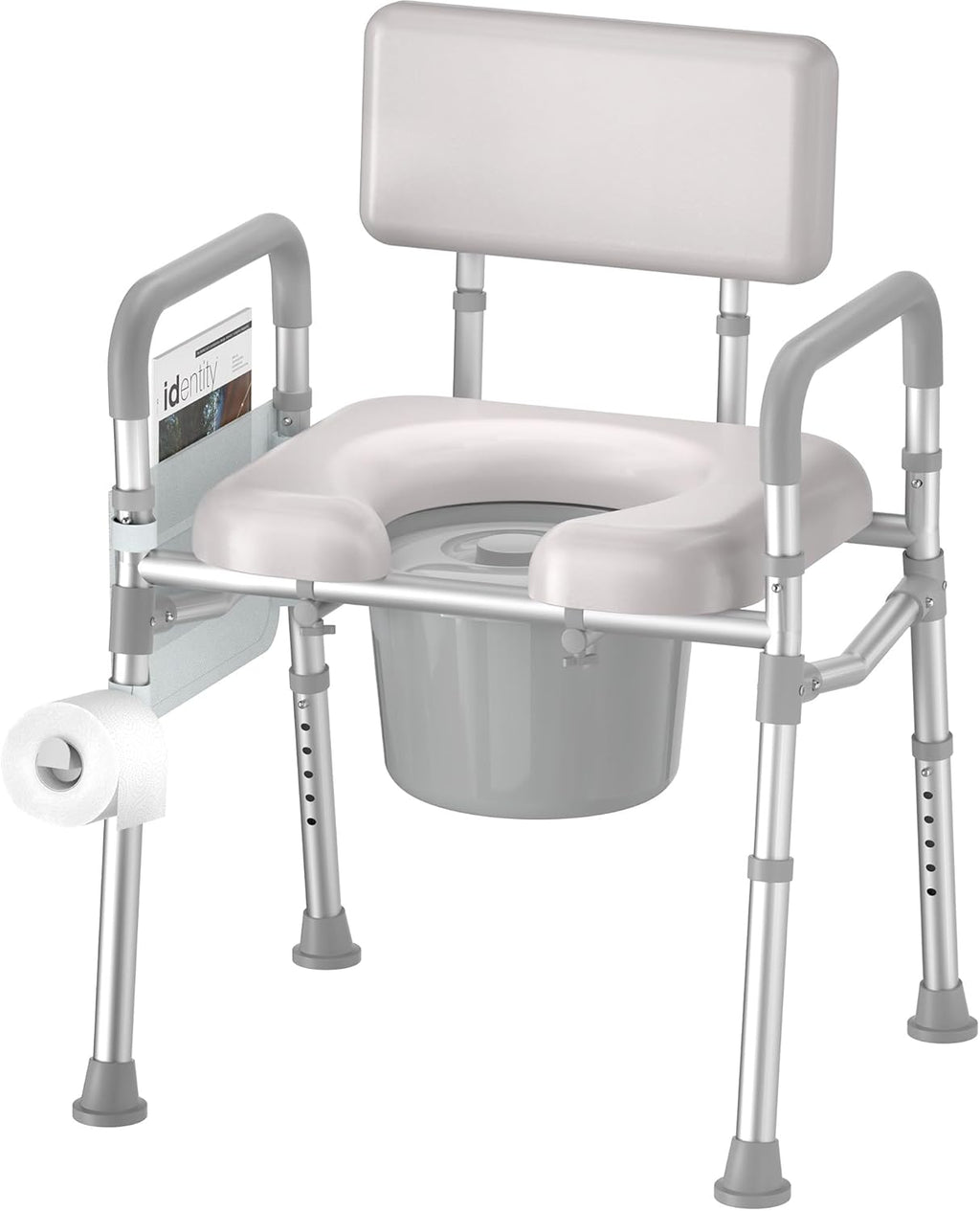 SOUNDFUSE Bedside Commode Chair with Padded Seat and Backrest, Aluminum Dual-Crossbar, Height Adjustable, Portable Toilet for Seniors and Adults, Potty Bucket and Splash Guard, 350 lbs Weight Capacity