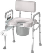 SOUNDFUSE Bedside Commode Chair with Padded Seat and Backrest, Aluminum Dual-Crossbar, Height Adjustable, Portable Toilet for Seniors and Adults, Potty Bucket and Splash Guard, 350 lbs Weight Capacity