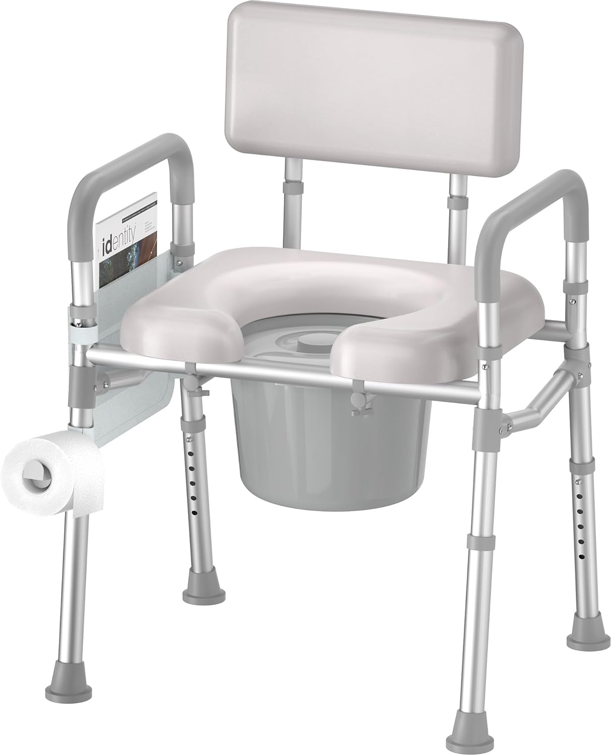 SOUNDFUSE Bedside Commode Chair with Padded Seat and Backrest, Aluminum Dual-Crossbar, Height Adjustable, Portable Toilet for Seniors and Adults, Potty Bucket and Splash Guard, 350 lbs Weight Capacity