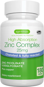 Igennus Clean Chelated Zinc 25mg with Copper, Fully Reacted Picolinate & Bisglycinate Complex, High Bioavailability & Gentle on the Gut, Third-Party Tested, Immune & Skin Support, 6 Month Supply