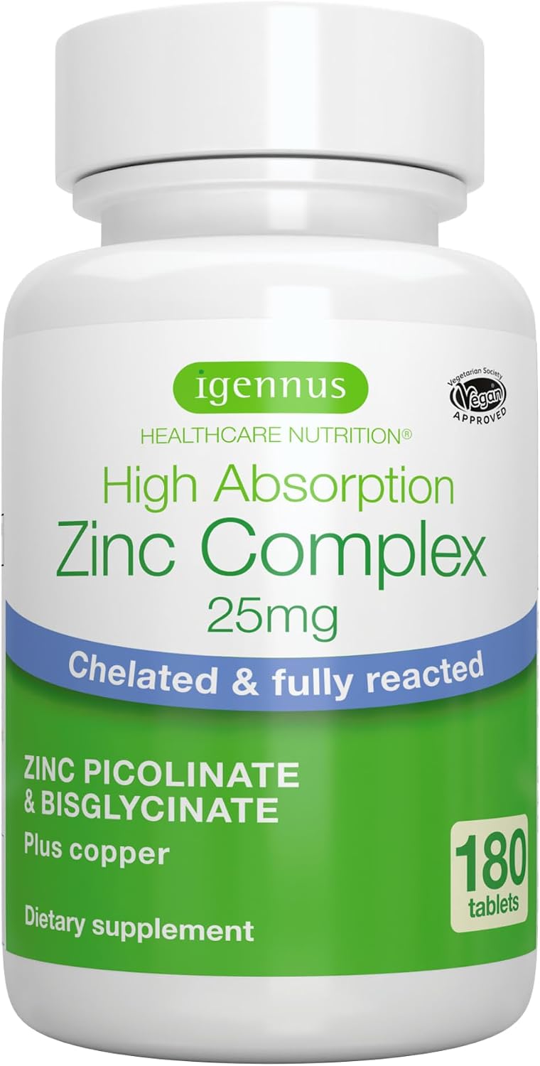 Igennus Clean Chelated Zinc 25mg with Copper, Fully Reacted Picolinate & Bisglycinate Complex, High Bioavailability & Gentle on the Gut, Third-Party Tested, Immune & Skin Support, 6 Month Supply
