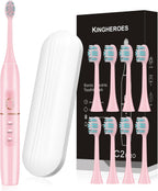 kingheroes Electric Toothbrush Set, Comes with 8 Brush Heads & Travel Case,4 Modes with 2 Minutes Built in Smart Timer, One Charge for 60 Days, 42000 VPM Motor (Pink)