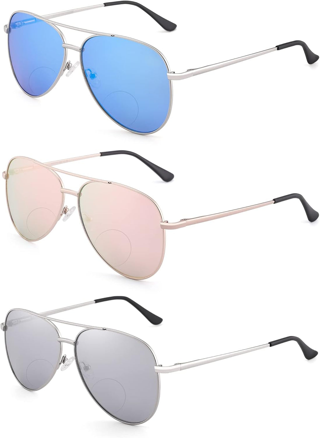 3 Pack Bifocal Reading Sunglasses for Women Men, Aviator Sun Readers Glasses Mirrored Shades UV400 +2.50
