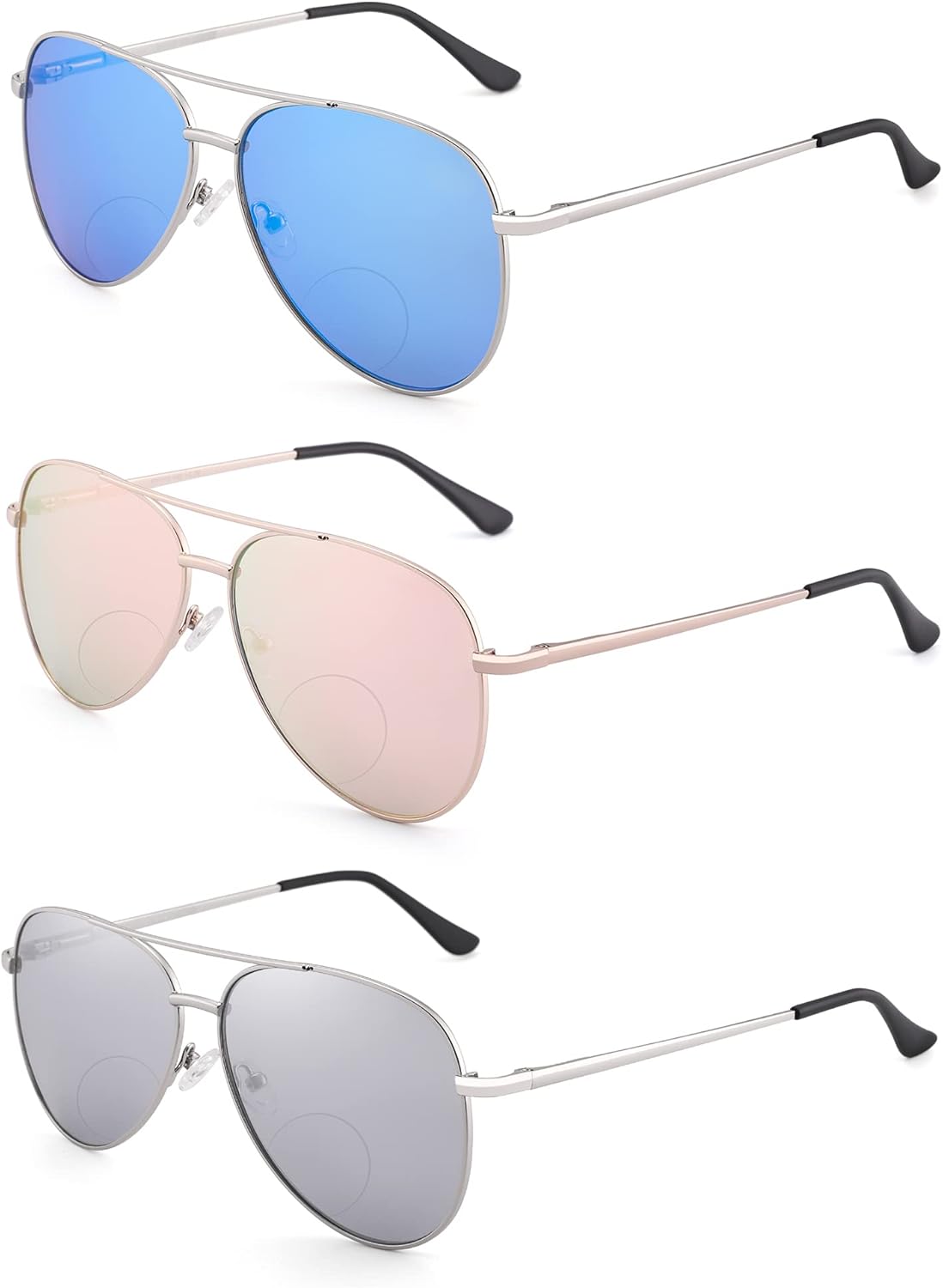 3 Pack Bifocal Reading Sunglasses for Women Men, Aviator Sun Readers Glasses Mirrored Shades UV400 +2.50
